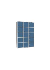 5-vaks lockerkast Fydor, 3 compartimenten, lichtgrijs / briljantblauw, b 1200 mm, 3 compartimenten, platte bovenkant, cilinderslot