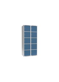 5-vaks lockerkast Fydor, 2 compartimenten, lichtgrijs / briljantblauw, B 800 mm, 2 compartimenten, platte dakvorm, cilinderslot