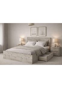 Bett Home Affaire "PRESSAC mit Schubladen und Beleuchtung, in 2 Breiten - 160 und 180 cm", beige (eiche natur), B:166,6cm H:100cm L:204,4cm, Betten, Bett, Bettgestell mit Schubladen, ohne Lattenrost und Matratze