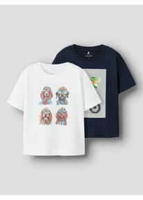 T-Shirt name it "NMMVOTO 2P SS NREG TOP", M&auml;dchen, Gr. 116, hellwei&szlig; pack:navy blazer, dino bike, Jersey, Obermaterial: 100% Baumwolle, bedruckt, regular fit normal, Rundhals, Shirts T-Shirt, Baumwolle, regular fit
