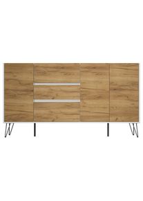 P & B , Eichefarben, Wei&szlig; Hochglanz , Holzwerkstoff , 3 Schublade(n) Schubladen , 177x93.6x42 cm , stehend , Kleinm&ouml;bel, Kommoden, Sideboards