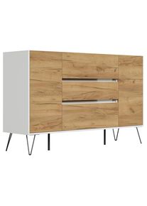 P & B , Eichefarben, Wei&szlig; Hochglanz , Holzwerkstoff , 3 Schublade(n) Schubladen , 155x93.6x42 cm , stehend , Kleinm&ouml;bel, Kommoden, Sideboards