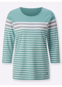 Damen Rundhalsshirt im Ringel-Dessin in salbei-ecru-geringelt ,Gr&ouml;&szlig;e 54, WITT, 54% Baumwolle, 46% Modal