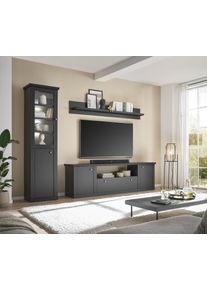 Wohnwand Home Affaire "Lincoln, moderne Anbauwand, Komplettset im Landhausstil", schwarz matt, B:270cm H:200cm T:42cm, FSC-zertifizierter Holzwerkstoff, Kastenm&ouml;bel-Sets, Wohnwand, enth&auml;lt Vitrine, Lowboard und Wandboard, 270 cm breit