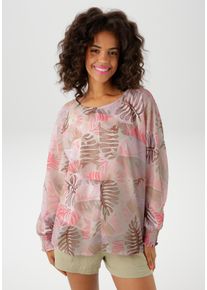 Schlupfbluse Aniston CASUAL, Damen, Gr. 36, bunt (mint, malve, rot, rosa, ros&eacute;, hellkhaki, khaki, helloliv, dunkelbraun, braun, helltaupe, apricot, hellblau, wei&szlig;), Chiffon, Obermaterial: 100% Polyester. Futter: 100% Polyester, bedruckt, l&auml;ssig geschnitten h&uuml;ftlang, Rundhals, Fledermaus&auml;rmel Smokb&uuml;ndchen mit Gummizug, Blusen Schlupfbluse, mit gro&szlig;fl&auml;chigen, farbharmonischem Bl&auml;tterdruck