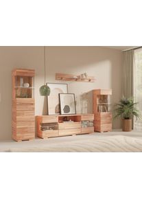 Wohnwand OTTO HOME "VETRO: besteht aus 2 Vitrinen, 1 Lowboard & 1 Wandregal, Wohnzimmer.", kernbuchefarben, Kastenm&ouml;bel-Sets, Wohnwand, Breite:280cm,T&uuml;ren aus Massivholz mit Glaseins&auml;tzen,Korpus aus Melamin