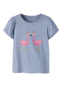 T-Shirt name it "NMFVIBEKE CAPSL TOP", M&auml;dchen, Gr. 122/128, blau (lila impression print:flamingos), Jersey, Obermaterial: 100% Baumwolle, bedruckt, unifarben, normal normal, Rundhals, Shirts T-Shirt