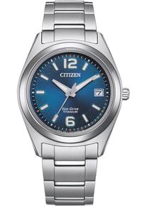 Solaruhr Citizen, silber (titansilberfarben, blau, blau), Armbanduhren, Damen, titansilberfarben, Solaruhr, Armbanduhr, Damenuhr, Titanarmband, Datum, Leuchtzeiger