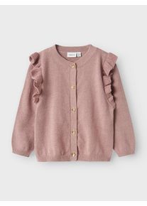 Strickjacke name it "NMFABINNE LS KNIT CARD NOOS", M&auml;dchen, Gr. 86, rosa (deauville mauve), Strick, Obermaterial: 74% Baumwolle, 18% Polyester, 8% metallisierte Fasern, unifarben, normal normal, Rundhals, Strickb&uuml;ndchen, Strickjacken Strickjacke, mit s&uuml;&szlig;er R&uuml;sche an den Schultern
