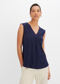 Blusentop bonprix, Damen, Gr. 48/50 (XL), blau (dunkelblau), Web, Obermaterial: 95% Polyester, 5% Elasthan, unifarben, bequem, V-Ausschnitt, Blusen Blusentop, bequeme Passform, ohne &Auml;rmel, mit Lochstickerei