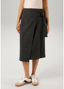 Midirock Aniston CASUAL, Damen, Gr. 48, grau (anthrazit, meliert), Web, Obermaterial: 70% Polyester, 26% Viskose, 4% Elasthan, Strukturmuster, meliert, figurumspielend ca. Mitte Wade, R&ouml;cke Midirock, mit dekorativer Schnalle und Bindeband