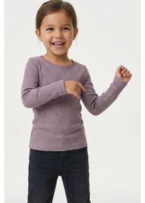 Langarmshirt name it "NMFKAB LS TOP NOOS", M&auml;dchen, Gr. 122 (128), lila (elderberry), Feinripp, Obermaterial: 57% Baumwolle, 38% Modal, 5% Elasthan, meliert, unifarben, regular fit h&uuml;ftbedeckend, Rundhals, abgesteppte Kante, Shirts Langarmshirt, in Feinripp und mit s&uuml;&szlig;er Spitzenkante am Ausschnitt
