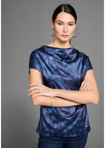 Shirtbluse HECHTER PARIS, Damen, Gr. 46, bunt (blau, orange, gemustert), Jersey, Obermaterial: 100% Polyester. Obermaterial R&uuml;ckenteil: 95% Viskose, 5% Elasthan, gemustert, figurumspielend h&uuml;ftlang, Wasserfallausschnitt, Blusen Shirtbluse, mit Wasserfallausschnitt und Satinfront