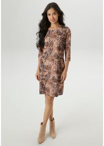 Minikleid Aniston SELECTED, Damen, Gr. 48, N-Gr, 3/4 Arm, Milano Rib, schwarz (camel, schwarz, sanftes wei&szlig;, orange, braun), Milano Rib, Obermaterial: 78% Polyester, 16% Viskose, 6% Elasthan, bedruckt, gemustert, figurumspielend kniefrei, Rundhals, Kleider Minikleid, mit leichter Taillierung und Animal-Print