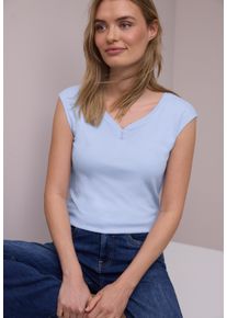 Shirttop Street One, Damen, Gr. 38, blau (cashmere blau), Jersey, Obermaterial: 50% Baumwolle, 50% Modal, unifarben, l&auml;ssig geschnitten h&uuml;ftbedeckend, herzf&ouml;rmiger Ausschnitt, Tops Shirttop, mit gerundetem V-Ausschnitt und Knopf-Detail