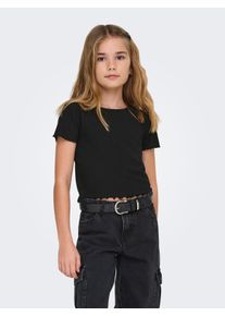 T-Shirt KIDS Only "KONNELLA", M&auml;dchen, Gr. 110/116, schwarz, Rippware, Obermaterial: 65% Polyester, 30% Viskose, 5% Elasthan, unifarben, regular fit kurz, Rundhals, gewellter Abschluss, Shirts T-Shirt, mit gewellten S&auml;umen