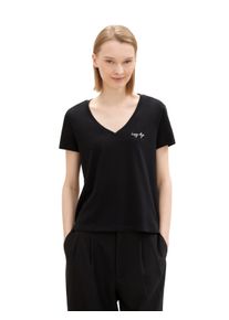 V-Shirt Tom Tailor Denim, Damen, Gr. M (38), schwarz (deep schwarz), Jersey, Obermaterial: 100% Baumwolle, unifarben, regular fit taillenlang, Rundhals, Shirts V-Shirt, mit Statement-Prints