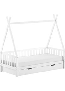 Vipack, Massivholzbett &raquo;mit Tipi Dach, seitlich und hinten mit Sprossenumrandung&laquo; Liegefl&auml;che 90/200 cm mit Rollattenrost und Bettschublade auf Rollen