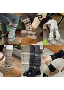 1/6 Pairs Fair Island Autumn/Winter Retro Art Stacked Socks Set Coarse Thread Knitted Snowflake Look Thin Warm Grey Leg Cover
