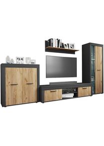 Vcm, Wohnzimmertisch &raquo;4 tlg Schrankwand M&ouml;bel Set Wohnwand Usilo XL&laquo; 4 Stk. tlg., Anthrazit / Honig-Eiche,