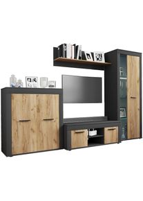 Vcm, Wohnzimmertisch &raquo;4 tlg Schrankwand M&ouml;bel Set Wohnwand Usilo L&laquo; 4 Stk. tlg., Anthrazit / Honig-Eiche,