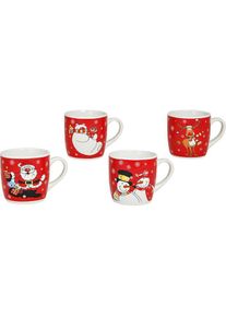 G. Wurm Becher rot mit Weihnachtsmotiven aus Keramik, 4-fach sortiert (B/H/T) 11x8x8 cm, 200ml, Tasse, Rot