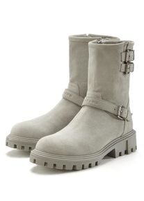 Stiefelette ELBSAND "Stiefel, Boots, Bikerboots, Lederstiefelette, Lederboots", Damen, Gr. 37, grau (hellgrau), Obermaterial: 100% Rindsleder. Decksohle: 100% Textilmaterial. Futter: 85% Textilmaterial, 15% Lederimitat. Laufsohle: 100% Synthetik, Veloursleder, unifarben, Schuhe Stiefelette, aus Leder mit trendigen Zierschnallen