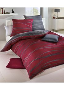 Wendebettw&auml;sche KAEPPEL "MOTION 100% gek&auml;mmte Baumwolle", rot (rubin, grau), B/L: 135cm x 200cm, 1 Stk., 1 Stk., Feinbiber, B/L: 80cm x 80cm, 2 Stk., Feinbiber, Obermaterial: 100% Baumwolle, Bettw&auml;sche, Wendebettw&auml;sche, mit feinen Wellenlinien, Markenrei&szlig;verschluss, Wendeoptik