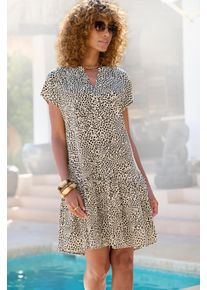 Blusenkleid Lascana, Damen, Gr. 40, N-Gr, beige, schwarz bedruckt, Web, Obermaterial: 100% Viskose, bedruckt, figurumspielend ca. Mitte Oberschenkel, V-Ausschnitt, Kleider Blusenkleid, mit Allover Animal-Print