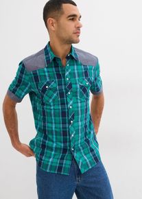 bonprix Cămaşă cu m&acirc;neci scurte şi aplicaţii denim, verde, 43/44 (XL)