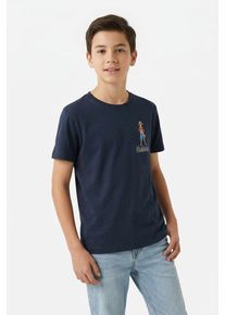 T-Shirt name it "NKMDIO ONEPIECE SS NREG TOP BOX NOOS VDE", Jungen, Gr. 122/128, blau (navy blazer), Jersey, Obermaterial: 100% Baumwolle, bedruckt, unifarben, regular fit h&uuml;ftlang, Rundhals, abgesteppte Kante, Shirts T-Shirt, mit kleinem Brust- und gro&szlig;em R&uuml;ckenmotiv