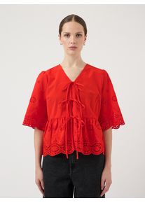 Spitzenbluse Y.A.S "YASCORNELIA 2/4 TIE TOP S. NOOS", Damen, Gr. 34, rot (fiery rot), Web, Obermaterial: 100% Baumwolle, unifarben, regular fit kurz, V-Ausschnitt, Blusen Spitzenbluse, Baumwolle, regular fit