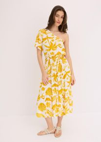 bonprix Sukienka one-shoulder ze strukturalnej wiskozy z nadrukiem, biały, 34