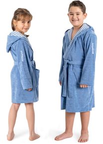 Kinderbademantel Kangaroos "Dalia, Ideal f&uuml;r Zuhause, Schwimmbad oder im Urlaub" Gr. 116, blau, L:72cm, Veloursfrottier, Hausm&auml;ntel, Kinderbademantel, Uni-Farben mit Streifen