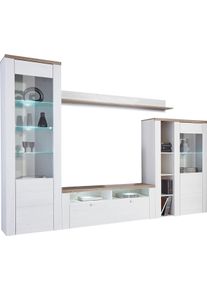 Wohnwand OTTO HOME "Larona, Anbauwand, Set 4 Teilig", wei&szlig; (sibiu wei&szlig;, eichefarben s&auml;gerau dunkel), B:305cm, Kastenm&ouml;bel-Sets, Wohnwand, bestehend aus 1 TV-Board, 1 Highboard, 1 Vitrine, 1 Wandregal