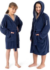 Kinderbademantel Kangaroos "Dalia, Ideal f&uuml;r Zuhause, Schwimmbad oder im Urlaub" Gr. 152, marine, L:102cm, Veloursfrottier, Hausm&auml;ntel, Kinderbademantel, Uni-Farben mit Streifen