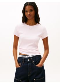 Kurzarmshirt Tommy Jeans "TJW ESSENTIAL RIB SHORT SLEEVE EXT", Damen, Gr. L (40), light pink, Single Jersey, Obermaterial: 95% Baumwolle, 5% Elasthan, gestreift, slim fit h&uuml;ftlang, Rundhals, abgesteppte Kante, Shirts Kurzarmshirt, Baumwollmischung in gerippter Struktur, Slim Fit