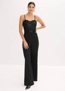 bonprix Overall aus strukturiertem Crepe mit Perlenstickerei, schwarz, Gr.42, Modern und sexy: Overall aus strukturiertem Crepe mit Bustier-Ausschnitt und Perlenstickerei im Oberteil