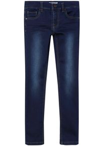 Slim-fit-Jeans name it "NKMTHEO XSLIM SWE JEANS 3113-TH NOOS", M&auml;dchen, Gr. 158, N-Gr, blau (dunkelblau denim), Denim/Jeans, Obermaterial: 70% Baumwolle, 27% Polyester, 3% Elasthan, Abriebeffekte, slim fit lang, Jeans Slim-fit-Jeans