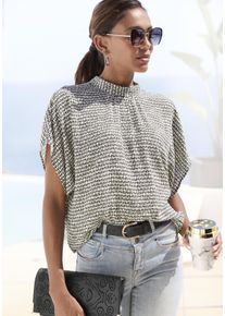 Kurzarmbluse Lascana, Damen, Gr. 50, creme, schwarz bedruckt, Web, Obermaterial: 100% Viskose, bedruckt, figurumspielend h&uuml;ftlang, weit, Blusen Kurzarmbluse, mit Alloverdruck, Damenbluse, sportlich elegant, Topseller