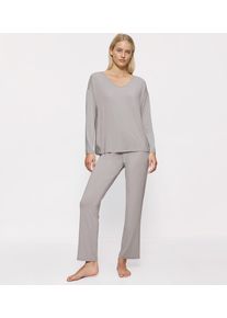 Pyjama Triumph "Timeless Sensuality PK LSL", Damen, Gr. 48, grau (silent grau), Single Jersey, 94% Modal, 6% Elasthan, unifarben, normal normal, V-Ausschnitt, Homewear-Sets Pyjama, atumgsaktiv und weich