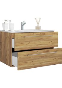 Waschtisch Vcm "2-tlg. Waschplatz Waschtisch Badinos 2 Schublade", braun (honig, eiche), B:80cm T:46cm, Waschtische, Waschtisch