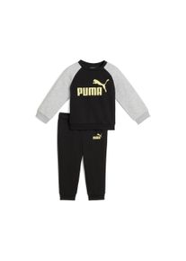 Trainingsanzug Puma "MINICATS ESS RAGLAN CREW SET FL INF", Jungen, Gr. 86, schwarz (Puma schwarz, gold moon), Fleece, Obermaterial: 68% Baumwolle, 32% Polyester, unifarben, regular fit, Sportanz&uuml;ge Trainingsanzug, mit Kapuze, mit innenliegendem Kordelzug an der Hose