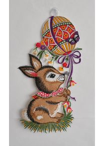 Fensterdekoration Stickereien Plauen "Fensterbild Hase mit Ballon", bunt, B:18cm H:34cm T:0,5cm, Polyester, Fensterbilder, Fensterdekoration, Plauener Spitze
