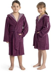 Kinderbademantel Kangaroos "Dalia, Ideal f&uuml;r Zuhause, Schwimmbad oder im Urlaub" Gr. 128, beere, L:84cm, Veloursfrottier, Hausm&auml;ntel, Kinderbademantel, Uni-Farben mit Streifen