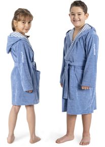 Kinderbademantel Kangaroos "Dalia, Ideal f&uuml;r Zuhause, Schwimmbad oder im Urlaub" Gr. 104, blau, L:61cm, Veloursfrottier, Hausm&auml;ntel, Kinderbademantel, Uni-Farben mit Streifen
