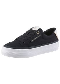 Plateausneaker Tommy Hilfiger "ESSENTIAL VULC TEXTILE SNEAKER", Damen, Gr. 37, blau (dunkelblau), Textil, unifarben mit Farbeinsatz, Schuhe Plateausneaker, Freizeitschuh, Halbschuh, Schn&uuml;rschuh mit goldfarbenen Details
