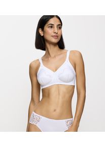 B&uuml;gelloser BH Triumph "Doreen + Cotton 01 N", Damen, Gr. 95, Cup E, wei&szlig;, Microtouch, Obermaterial: 35% Polyester, 29% Polyamid, 22% Baumwolle, 13% Elasthan, 1% Viskose, unifarben, BHs B&uuml;gelloser BH, mit zarter Lochstickerei