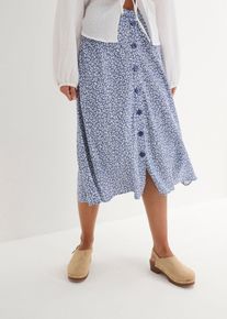 Sommerrock bonprix, Damen, Gr. 48, blau (jeansblau, wei&szlig; leo bedruckt), Single Jersey, Obermaterial: 100% Viskose, bedruckt, ausgestellt kniebedeckend, R&ouml;cke Sommerrock, aus Viskose, ausgestellte Passform, grafisches Muster, mit Gummizug