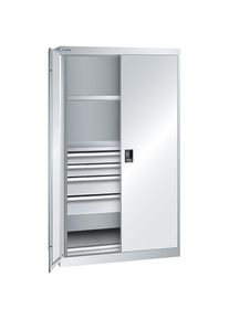 LISTA ESD-kast voor zware lasten, H 1950 mm, 2 legborden, 4 laden, 1 uitschuifbaar legbord, B x D 1100 x 641 mm, lichtgrijs